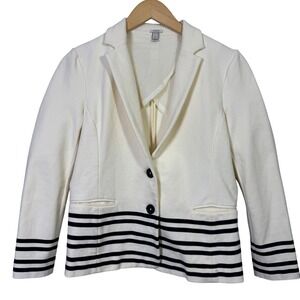 J.Crew Womens Blazer Small Cream Black Stripe‎ Cotton Blend Work Nautical Preppy